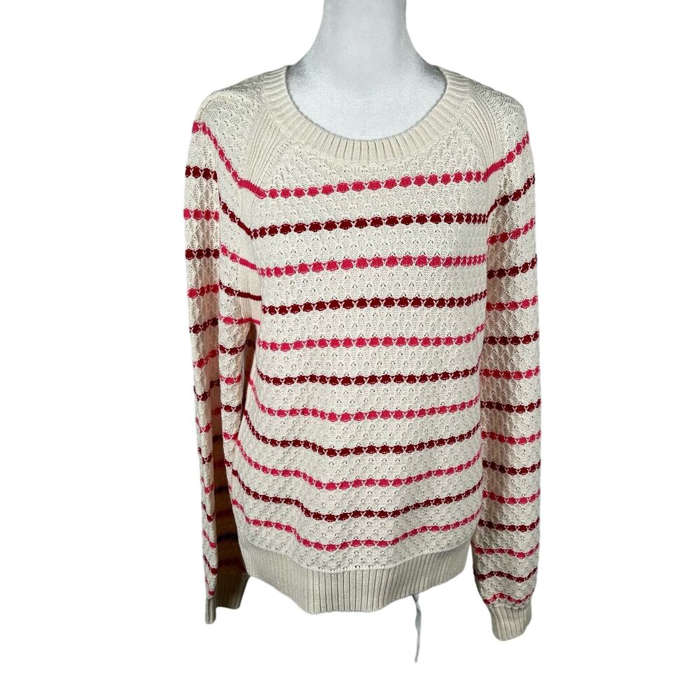 Loft Cream Pink Striped Sweater Pullover Top Crew Neck Long Sleeve Medium Casual
